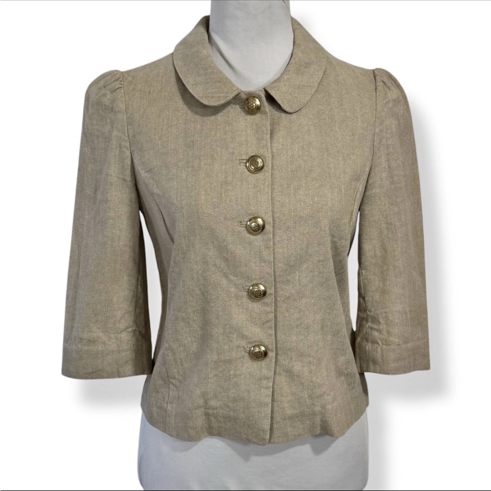 Juicy Couture Y2K Crop Jacket Blazer Linen Gold Buttons Peter Pan Collar